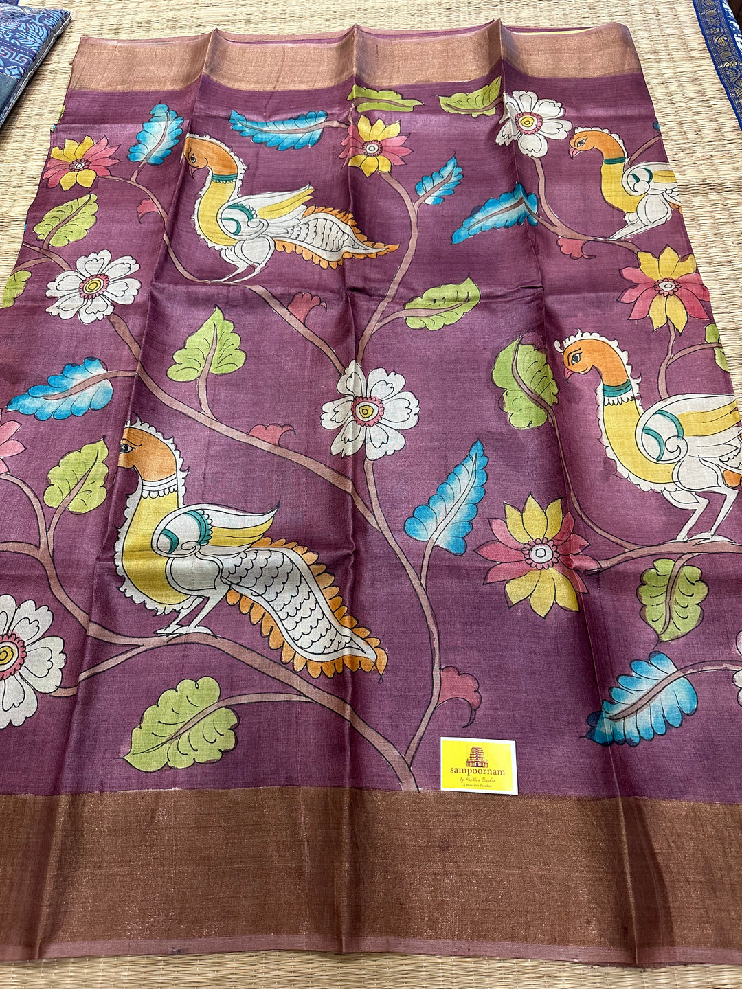 Wine with Mustard Kalamkari Handpainted Pure Tussar Silk Saree