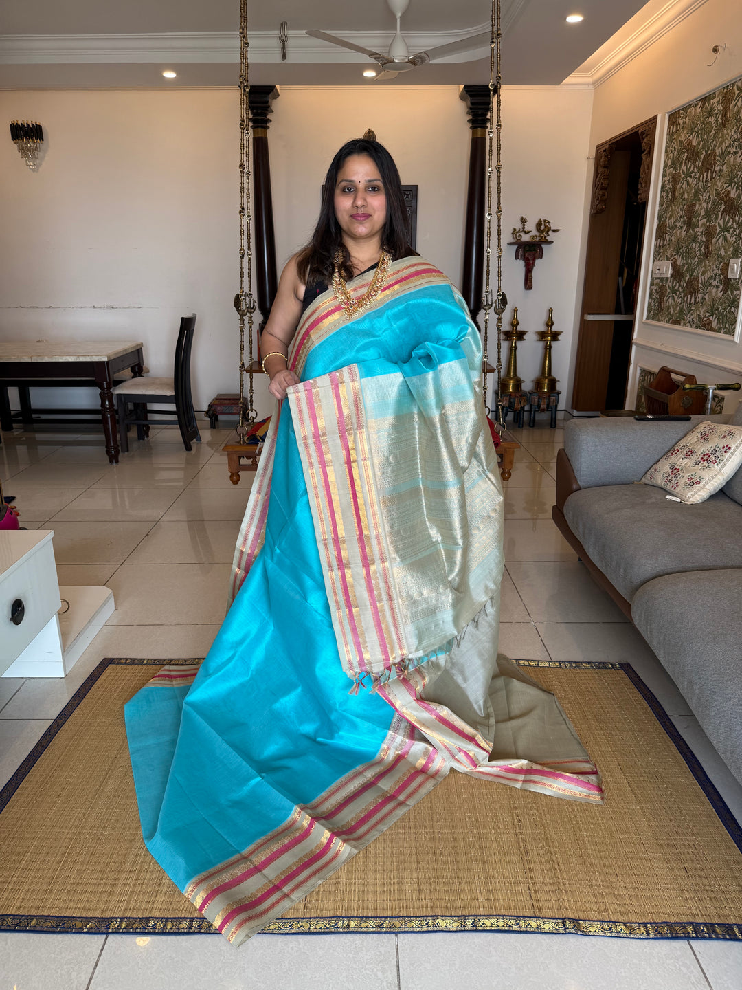 Sky Blue with Pastel light Elaichi Green Kanchi Border Korvai Silk Cotton Saree