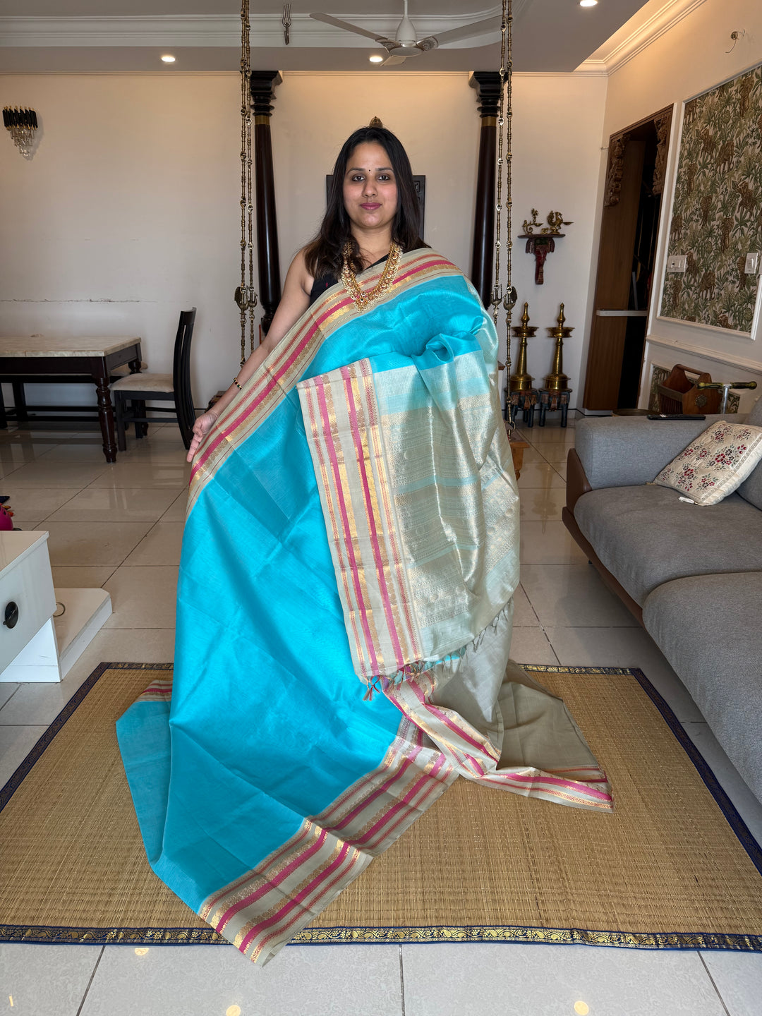 Sky Blue with Pastel light Elaichi Green Kanchi Border Korvai Silk Cotton Saree