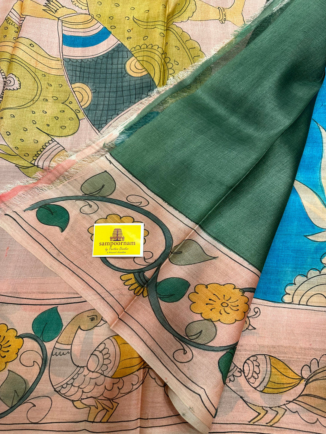 Blue with Peach Kalamkari Handpainted Pure Tussar Silk Saree