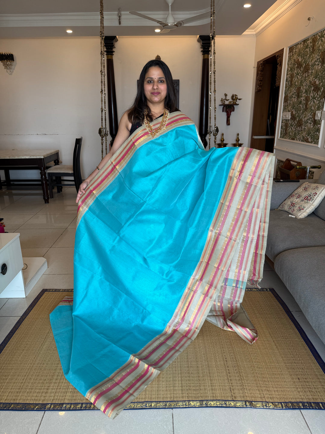 Sky Blue with Pastel light Elaichi Green Kanchi Border Korvai Silk Cotton Saree