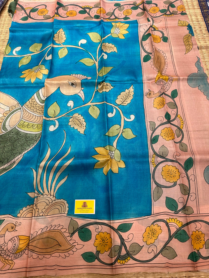 Blue with Peach Kalamkari Handpainted Pure Tussar Silk Saree