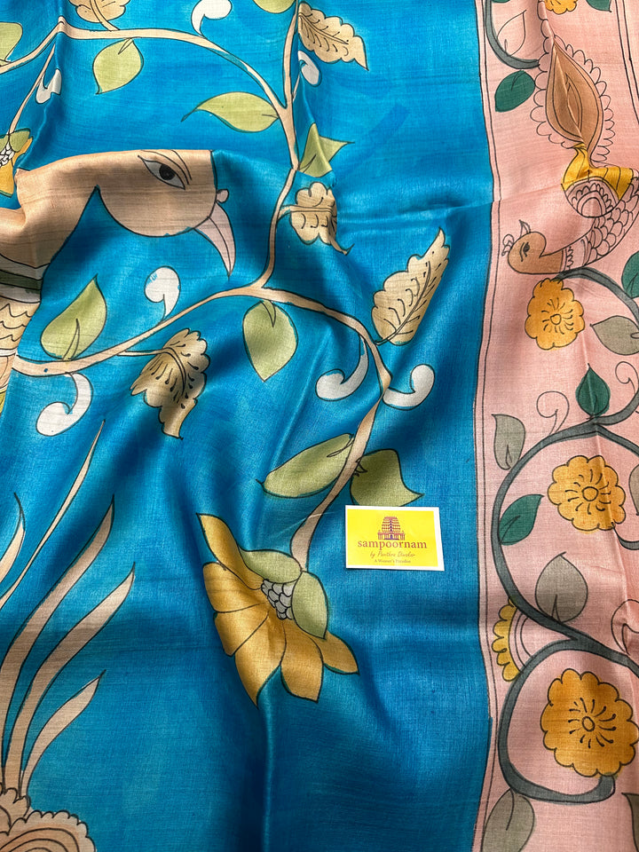 Blue with Peach Kalamkari Handpainted Pure Tussar Silk Saree