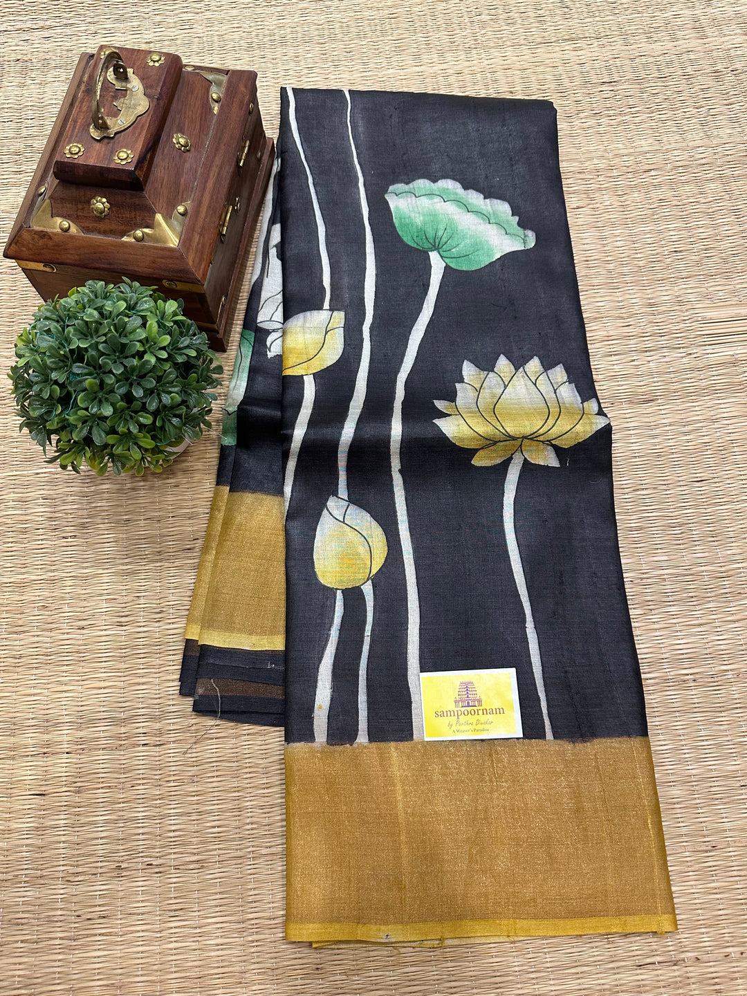 Black with Mustard Pichwai Handpainted Pure Tussar Silk Saree