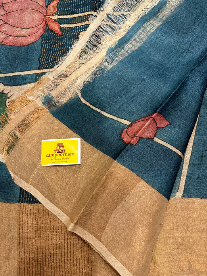 Blue Pichwai Handpainted Pure Tussar Silk Saree