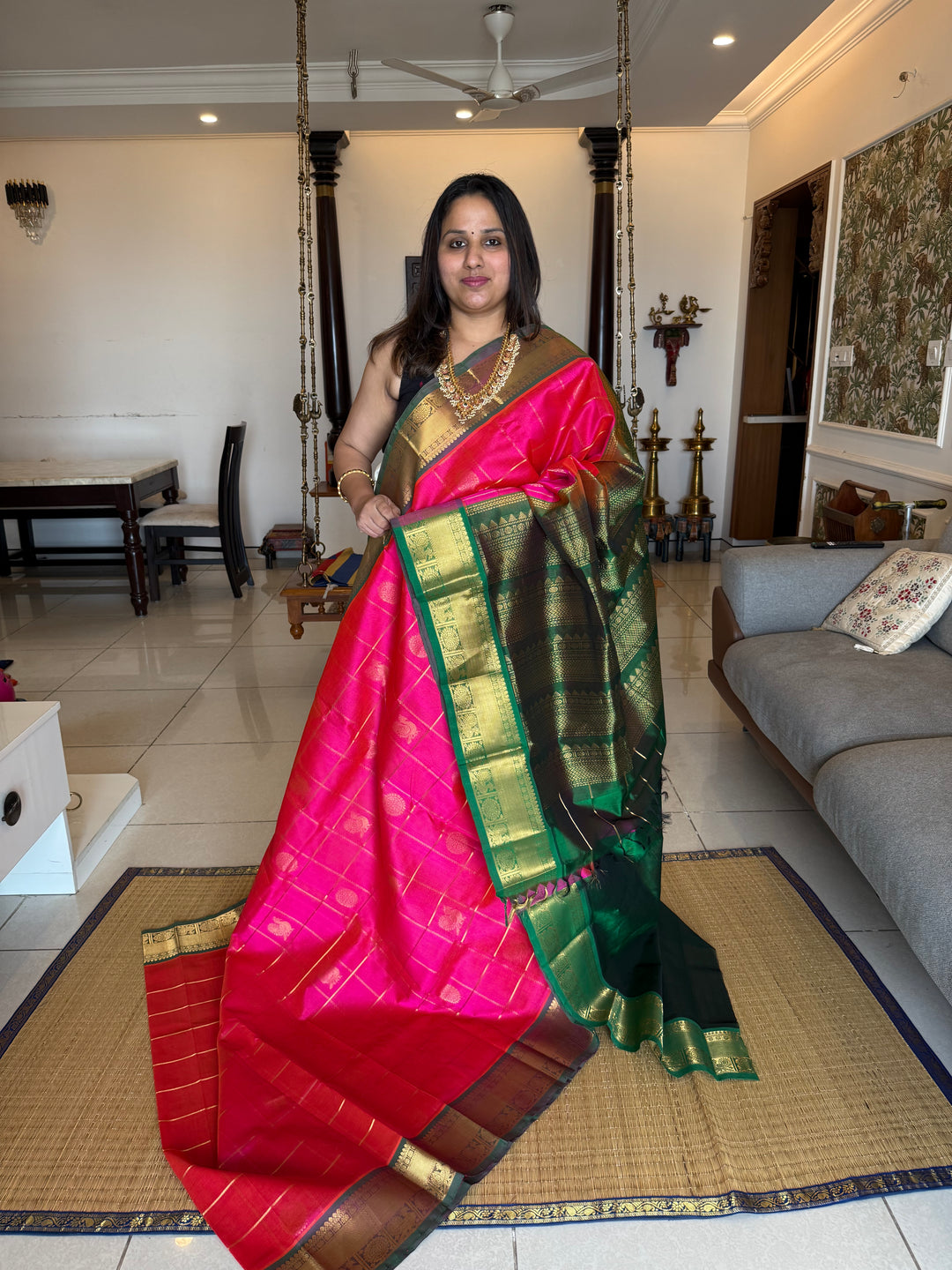 Dark Pink with Green Mayil Chakram Silk Cotton Saree