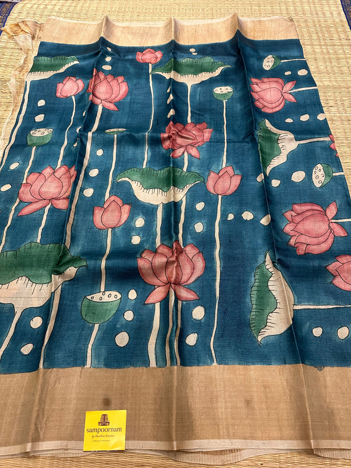 Blue Pichwai Handpainted Pure Tussar Silk Saree