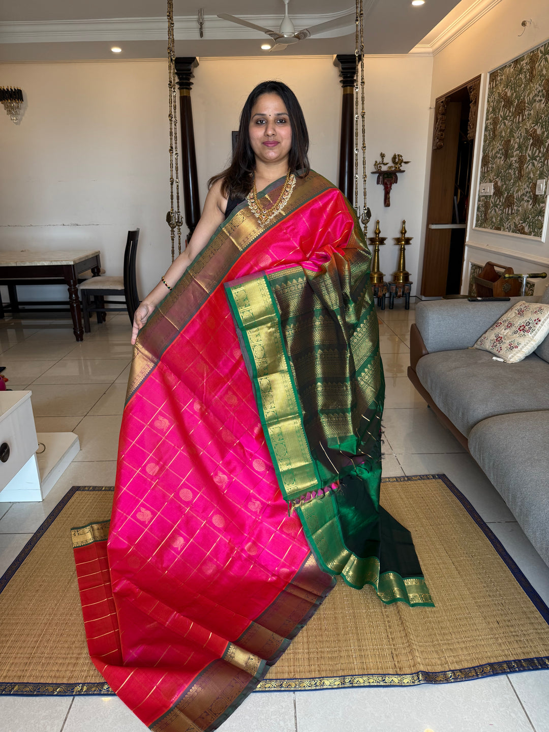 Dark Pink with Green Mayil Chakram Silk Cotton Saree