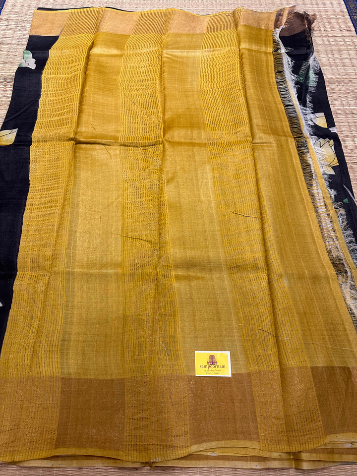 Black with Mustard Pichwai Handpainted Pure Tussar Silk Saree