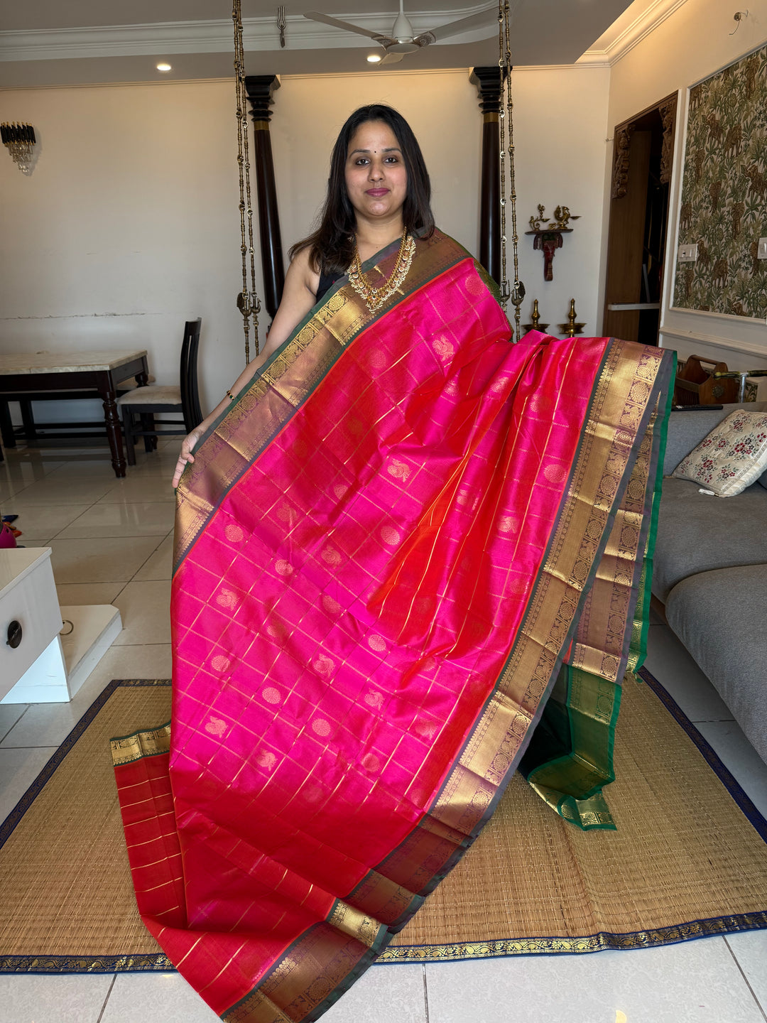 Dark Pink with Green Mayil Chakram Silk Cotton Saree