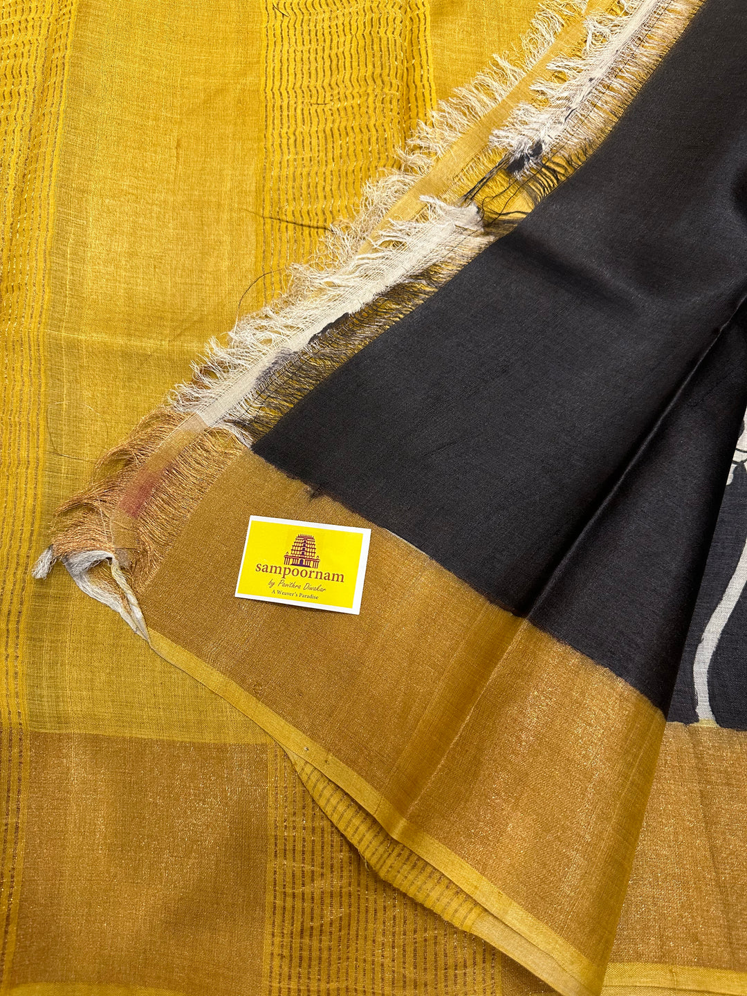 Black with Mustard Pichwai Handpainted Pure Tussar Silk Saree