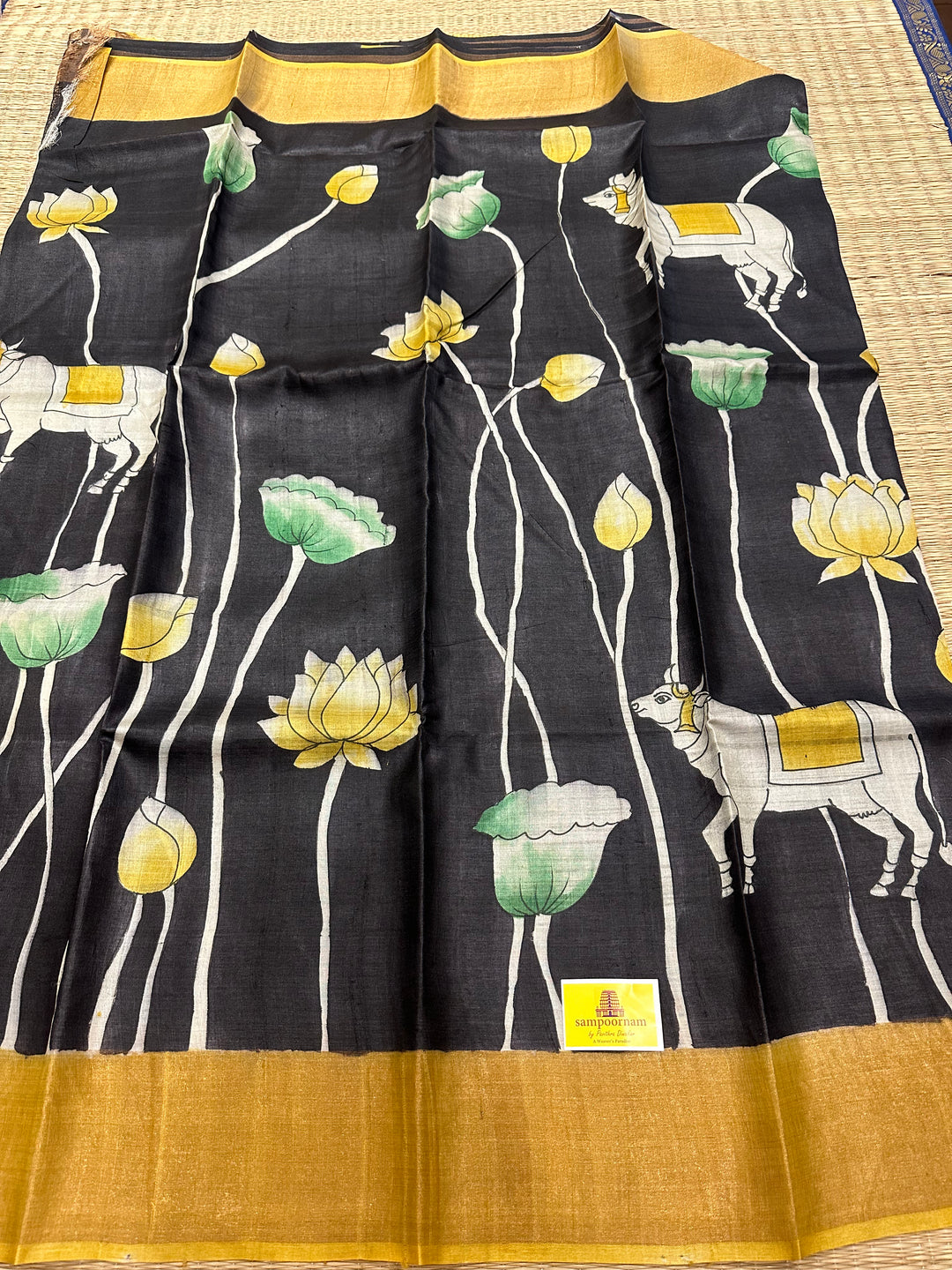 Black with Mustard Pichwai Handpainted Pure Tussar Silk Saree