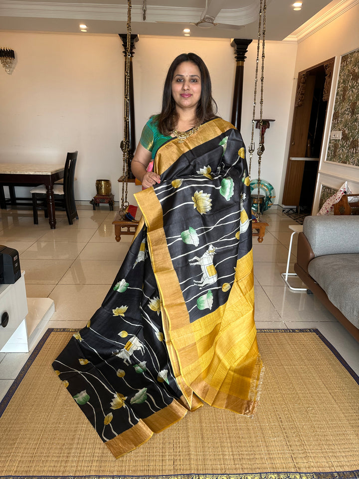 Black with Mustard Pichwai Handpainted Pure Tussar Silk Saree