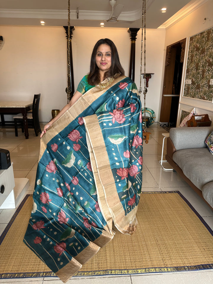 Blue Pichwai Handpainted Pure Tussar Silk Saree