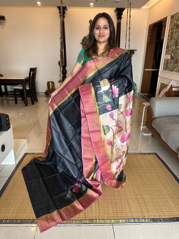 Black With Pink Pichwai Handpainted Pure Tussar Silk Saree