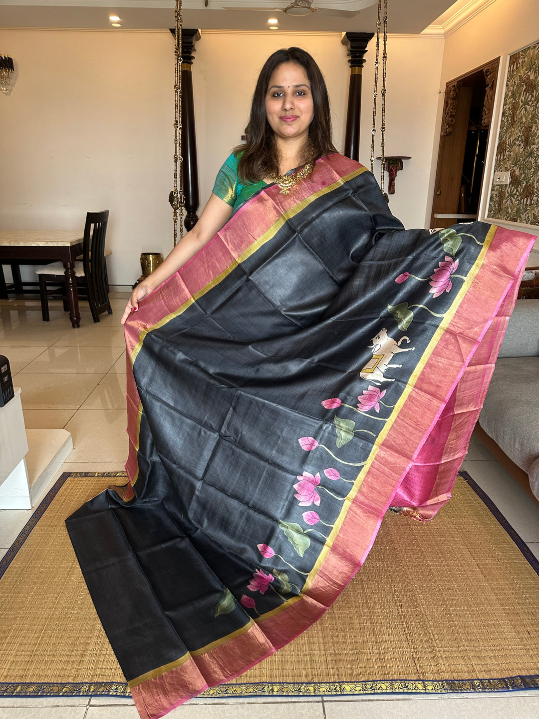 Black With Pink Pichwai Handpainted Pure Tussar Silk Saree