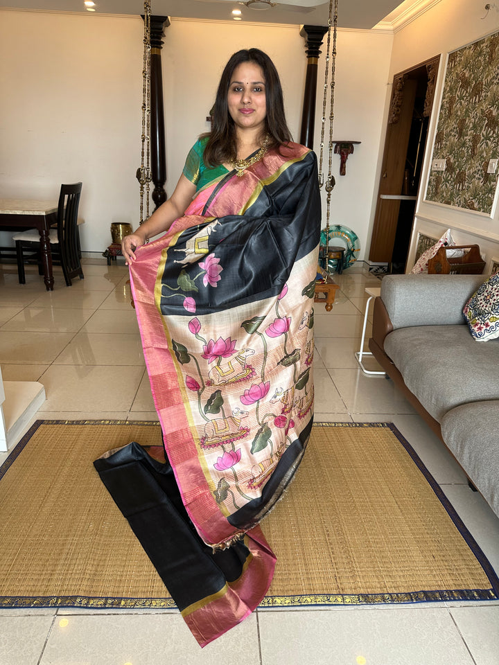 Black With Pink Pichwai Handpainted Pure Tussar Silk Saree