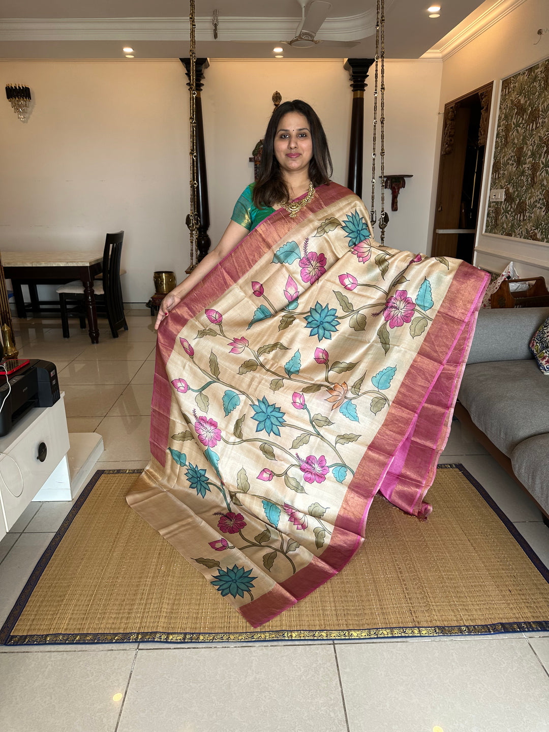 Offwhite with Pink Floral Handpainted Pure Tussar Silk Saree