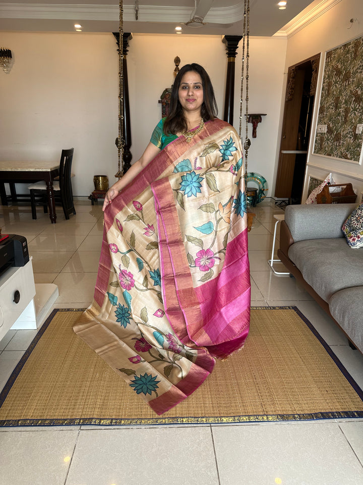 Offwhite with Pink Floral Handpainted Pure Tussar Silk Saree