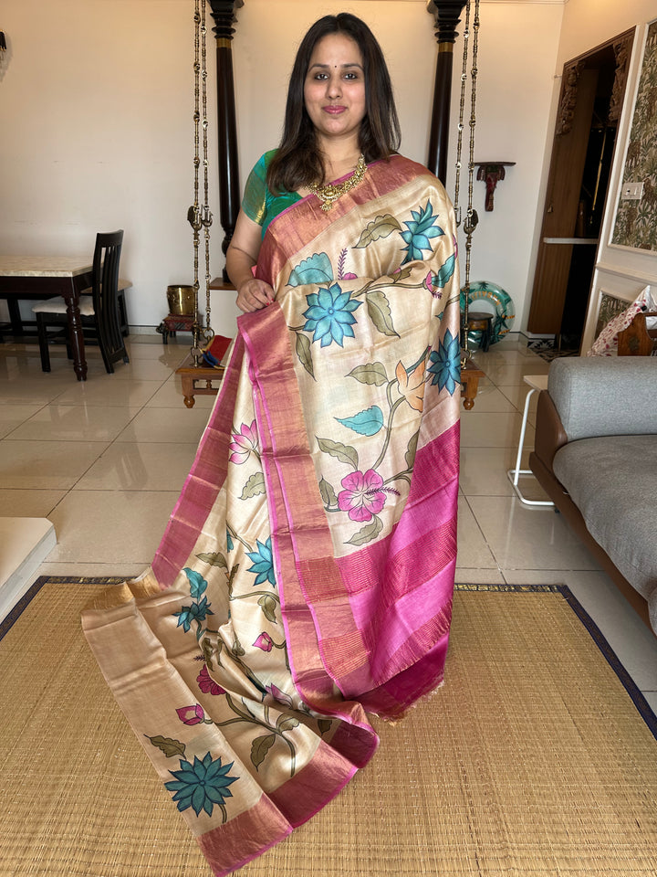 Offwhite with Pink Floral Handpainted Pure Tussar Silk Saree