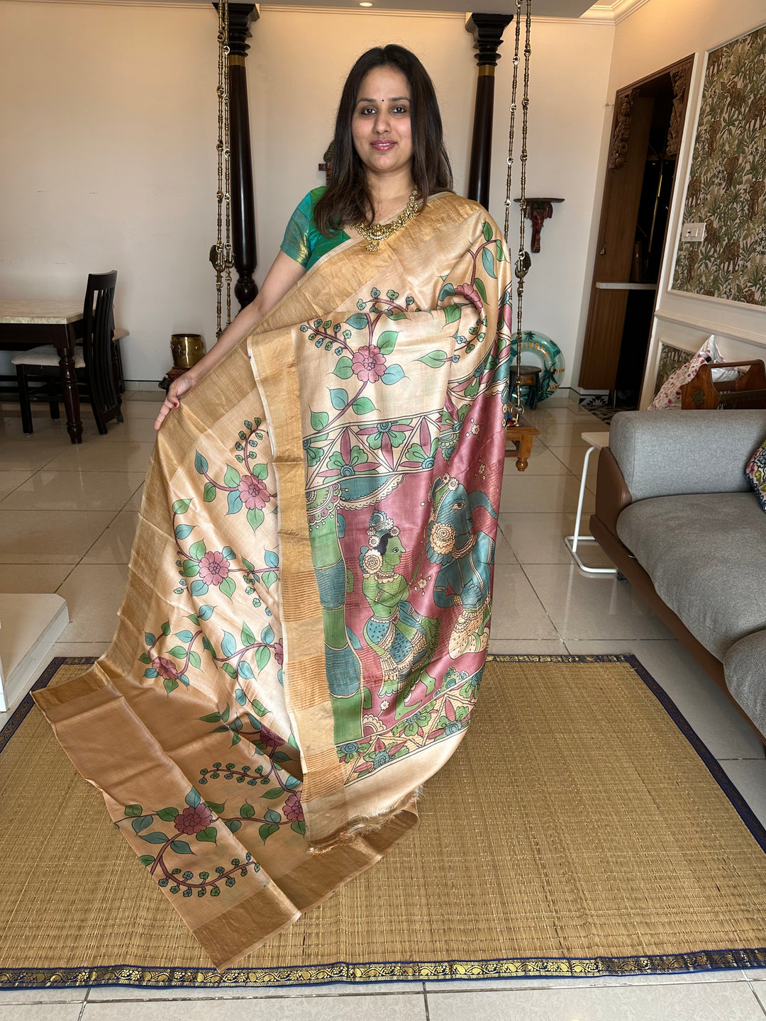 Offwhite with Lord Ganesha Painting in Pallu Kalamkari Handpainted Pure Tussar Silk Saree