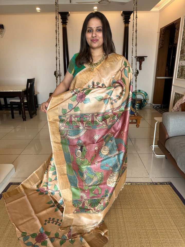 Offwhite with Lord Ganesha Painting in Pallu Kalamkari Handpainted Pure Tussar Silk Saree