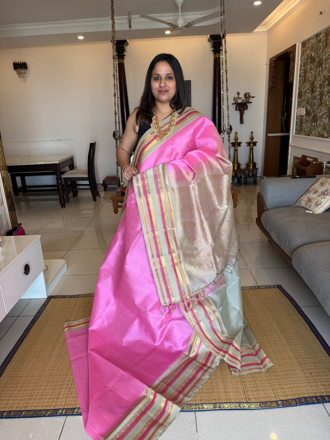 Baby Pink with Light Elaichi Kanchi Border Korvai Silk Cotton Saree