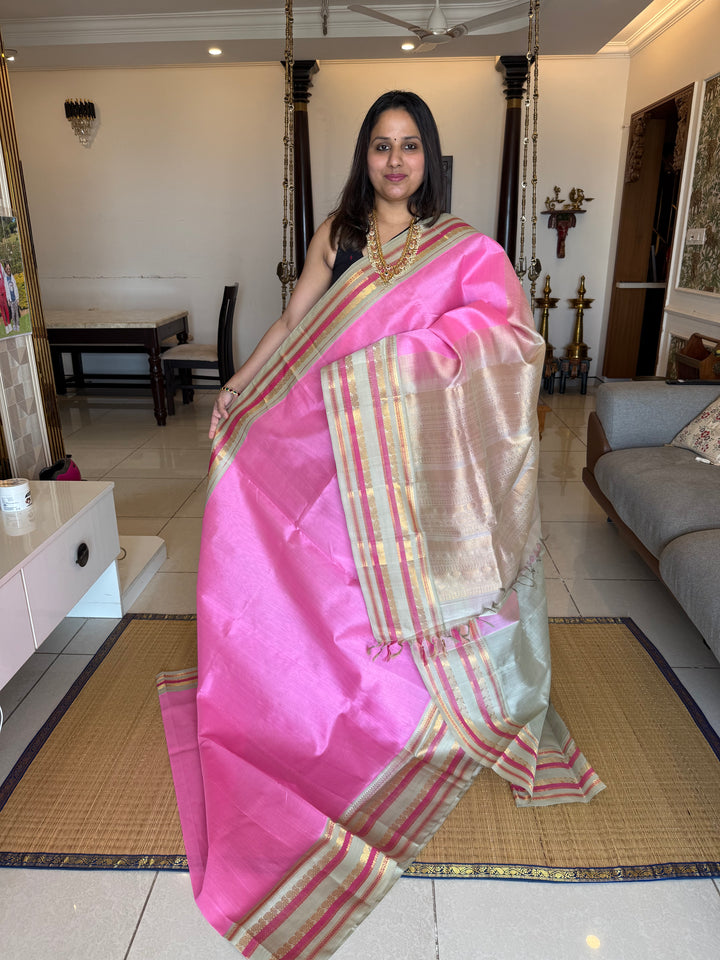 Baby Pink with Light Elaichi Kanchi Border Korvai Silk Cotton Saree