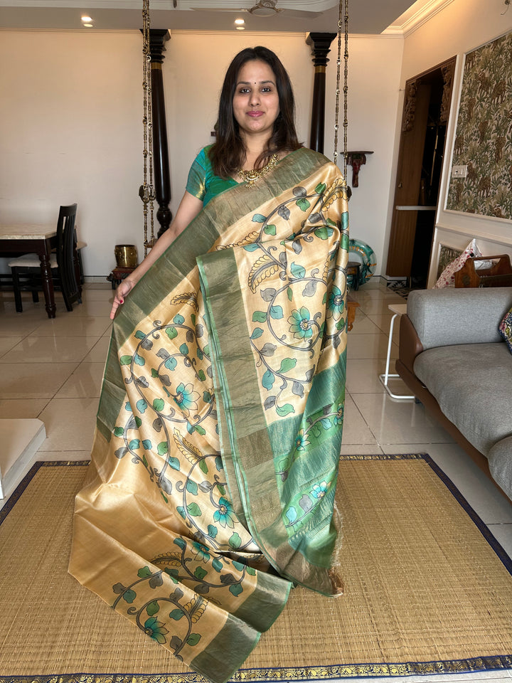 Offwhite with Green Kalamkari Handpainted Pure Tussar Silk Saree