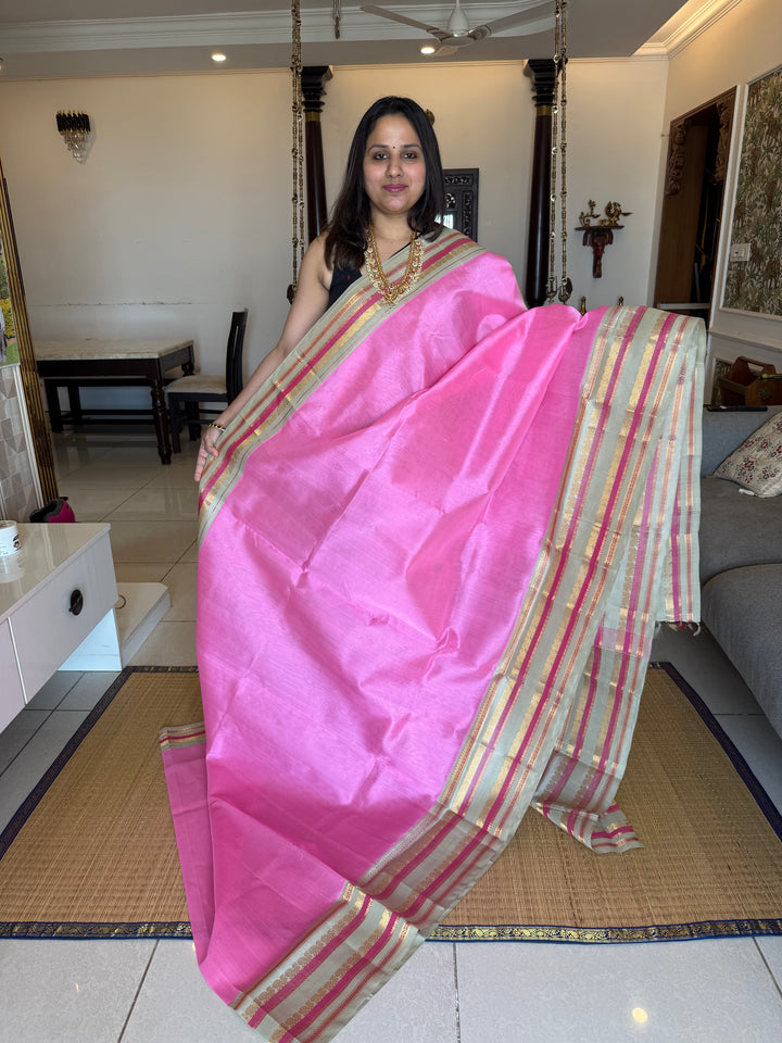 Baby Pink with Light Elaichi Kanchi Border Korvai Silk Cotton Saree