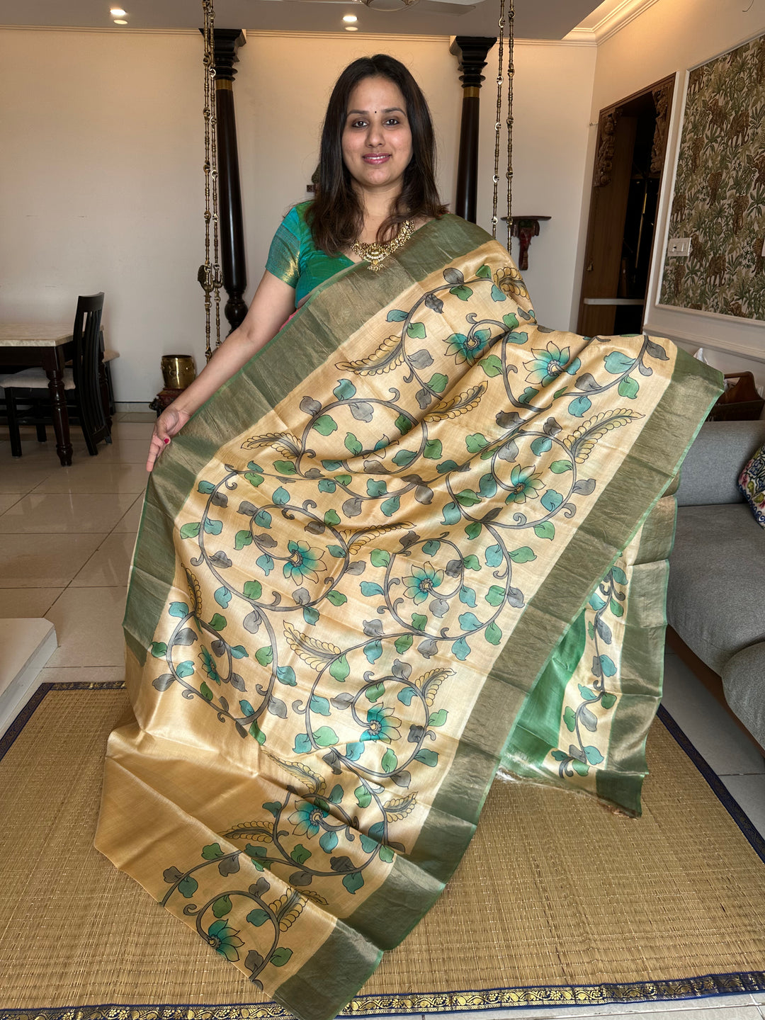 Offwhite with Green Kalamkari Handpainted Pure Tussar Silk Saree