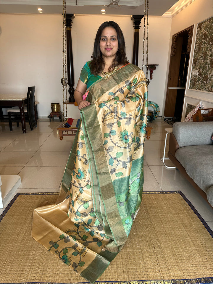 Offwhite with Green Kalamkari Handpainted Pure Tussar Silk Saree