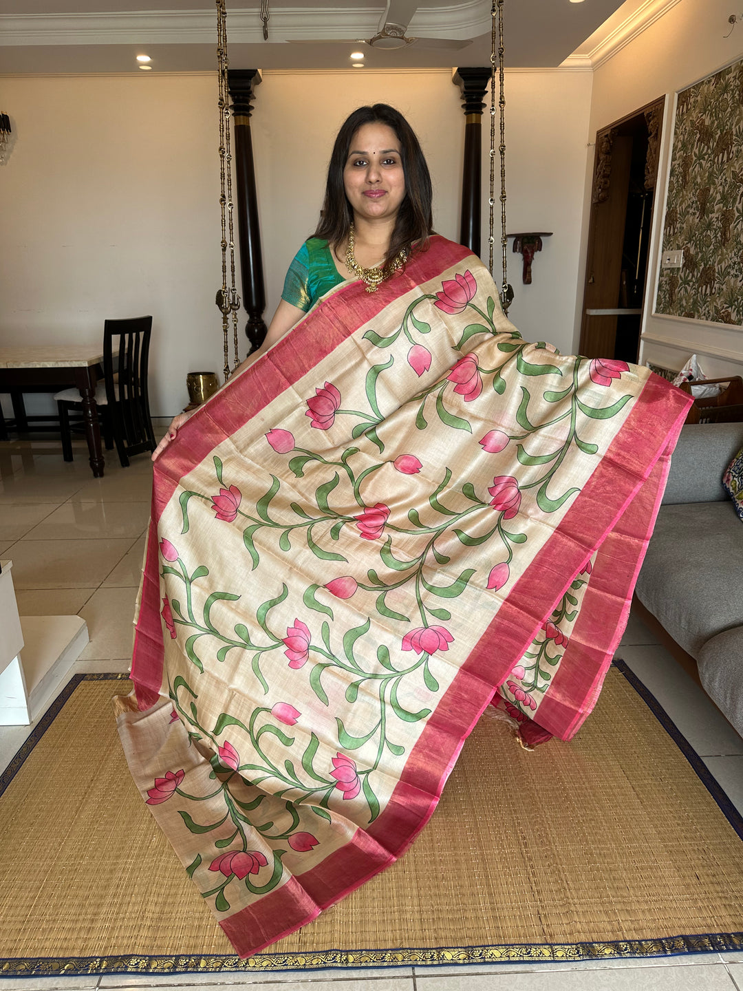 Offwhite with Pink Pichwai Lotus Handpainted Pure Tussar Silk Saree