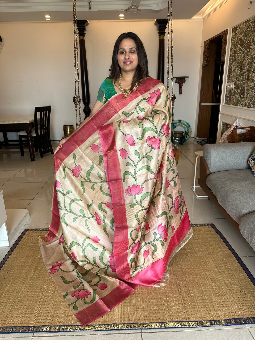 Offwhite with Pink Pichwai Lotus Handpainted Pure Tussar Silk Saree