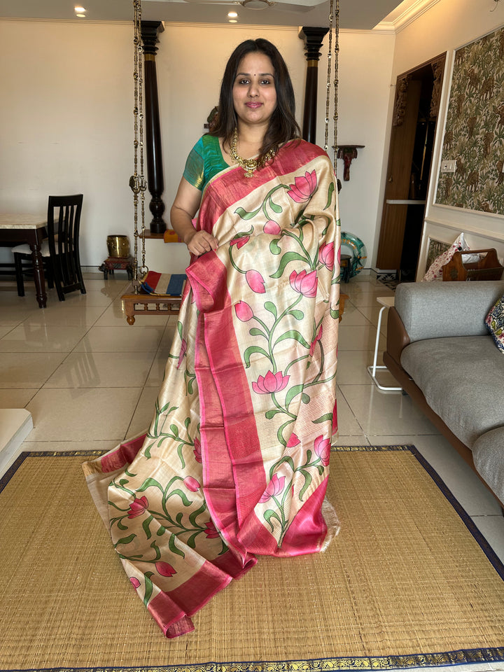 Offwhite with Pink Pichwai Lotus Handpainted Pure Tussar Silk Saree