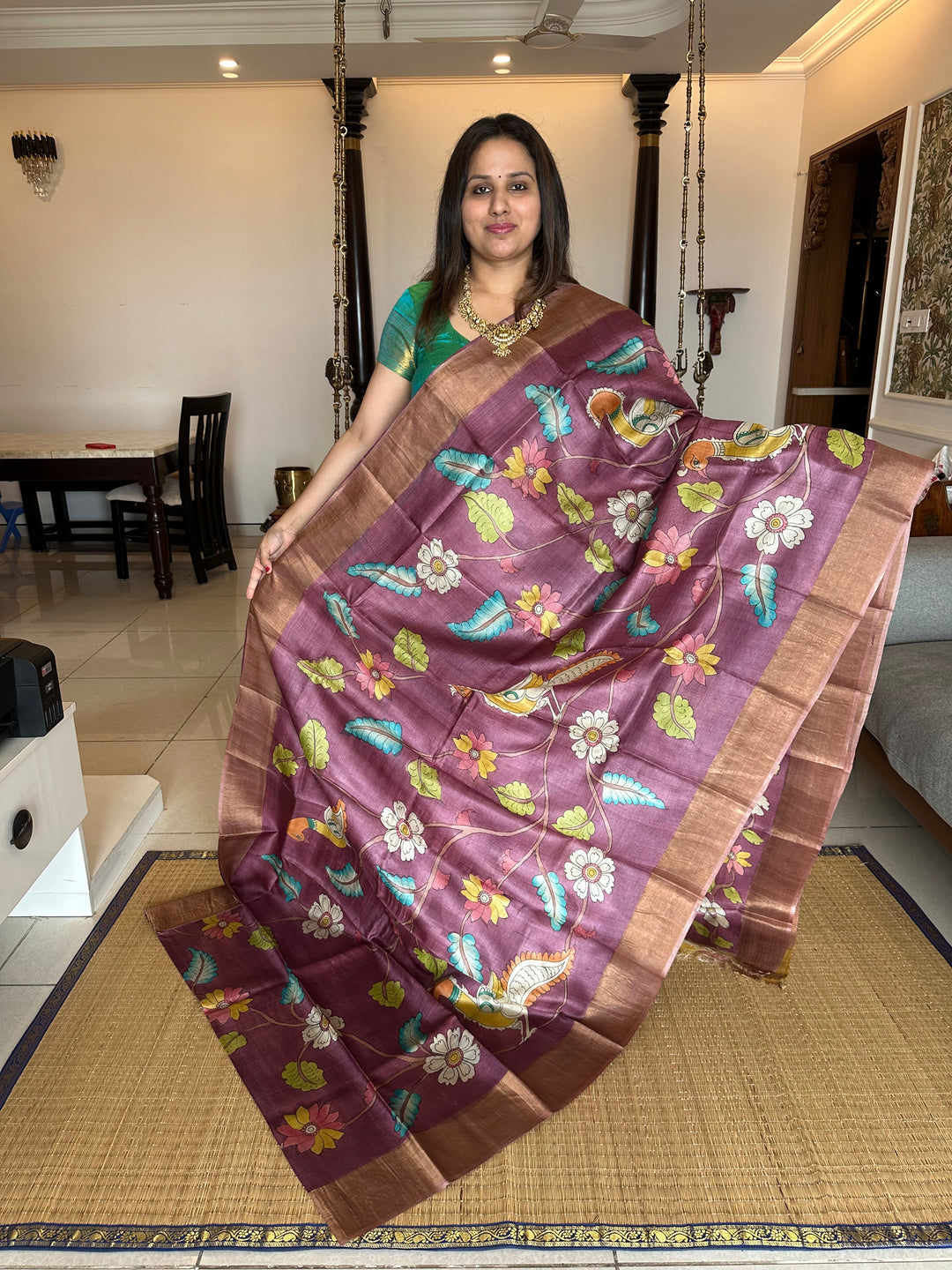 Wine with Mustard Kalamkari Handpainted Pure Tussar Silk Saree