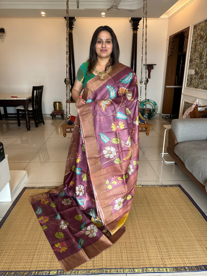 Wine with Mustard Kalamkari Handpainted Pure Tussar Silk Saree