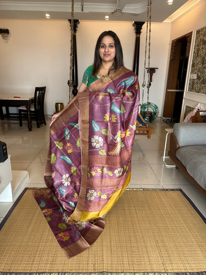 Wine with Mustard Kalamkari Handpainted Pure Tussar Silk Saree