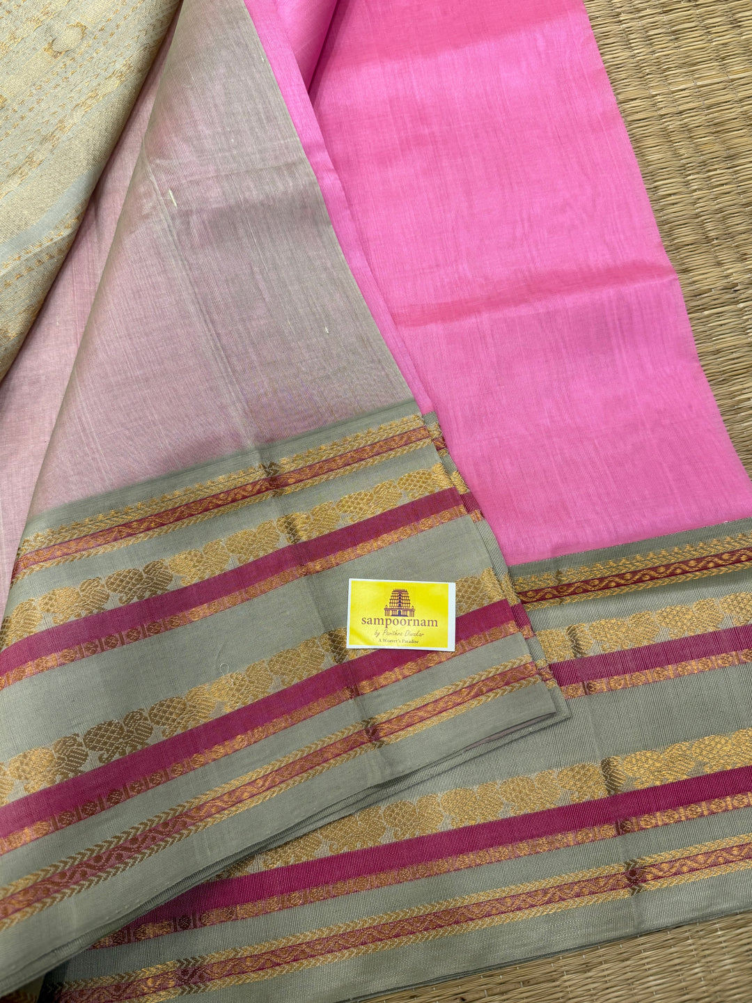 Baby Pink with Light Elaichi Kanchi Border Korvai Silk Cotton Saree