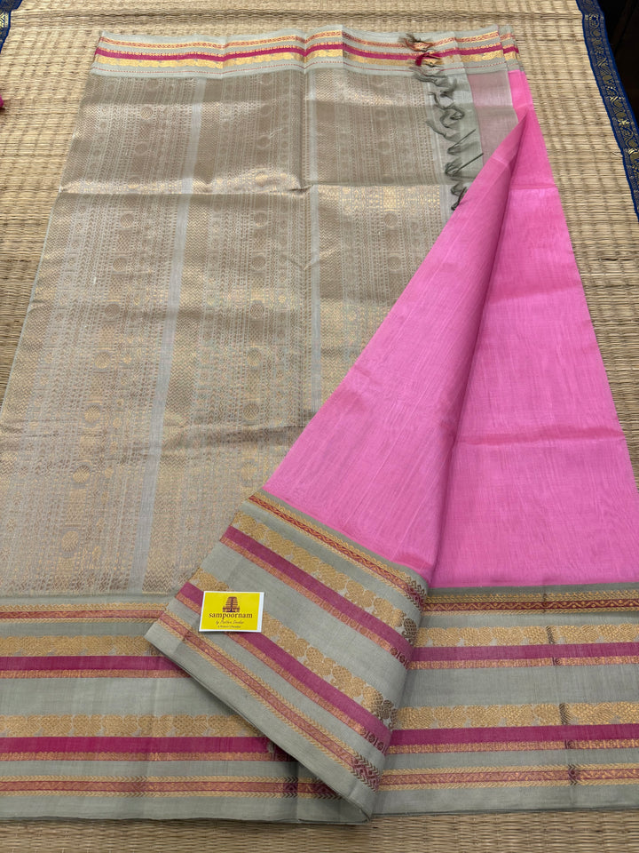 Baby Pink with Light Elaichi Kanchi Border Korvai Silk Cotton Saree