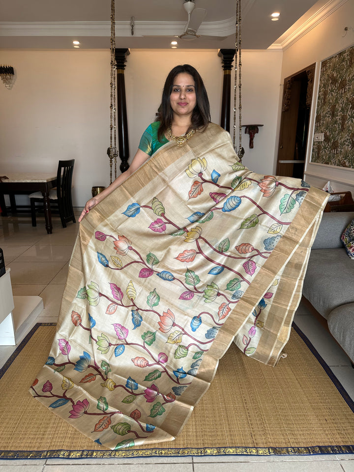 Offwhite with Blue Kalamkari Handpainted Pure Tussar Silk Saree