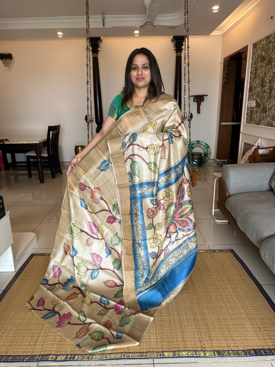 Offwhite with Blue Kalamkari Handpainted Pure Tussar Silk Saree