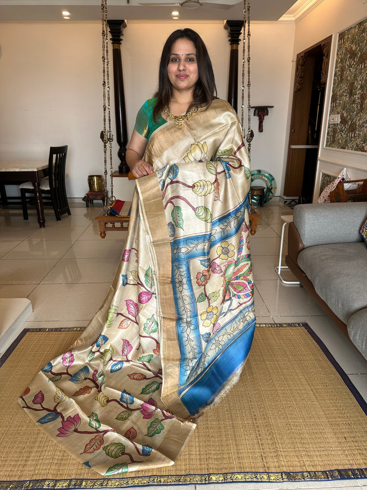 Offwhite with Blue Kalamkari Handpainted Pure Tussar Silk Saree