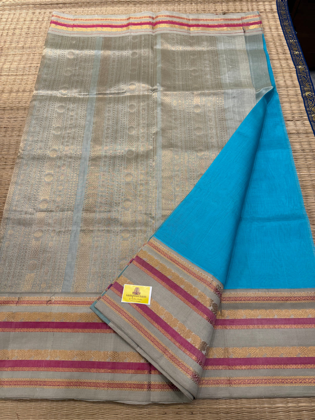 Sky Blue with Pastel light Elaichi Green Kanchi Border Korvai Silk Cotton Saree