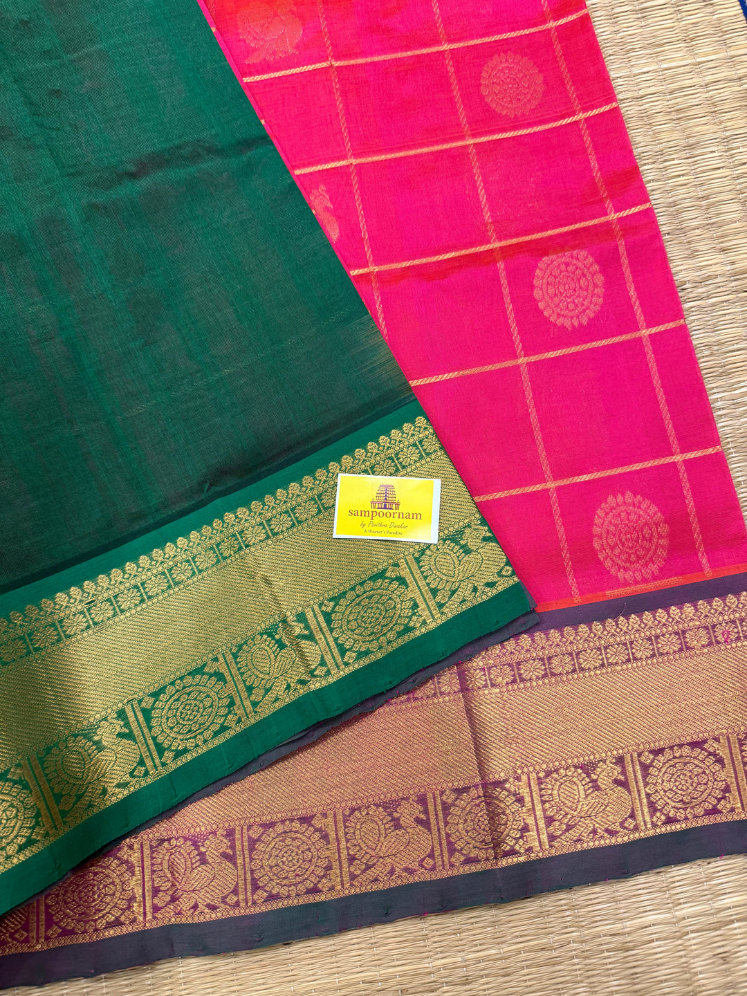 Dark Pink with Green Mayil Chakram Silk Cotton Saree