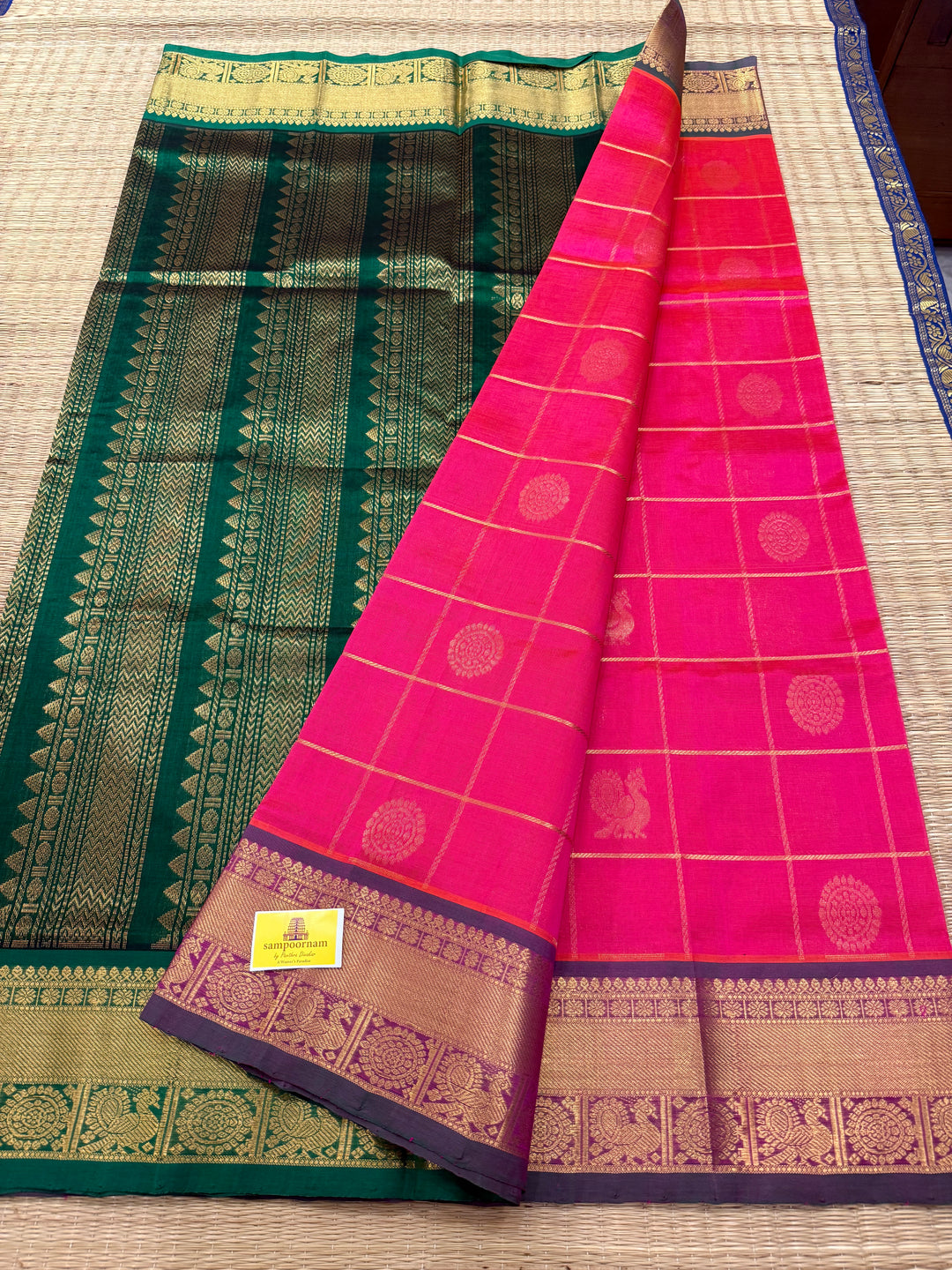 Dark Pink with Green Mayil Chakram Silk Cotton Saree