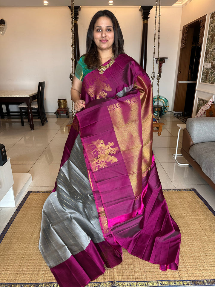 Grey with Magenta Vertical Zari Butta and Grand Pallu Kanjivaram Silk Saree