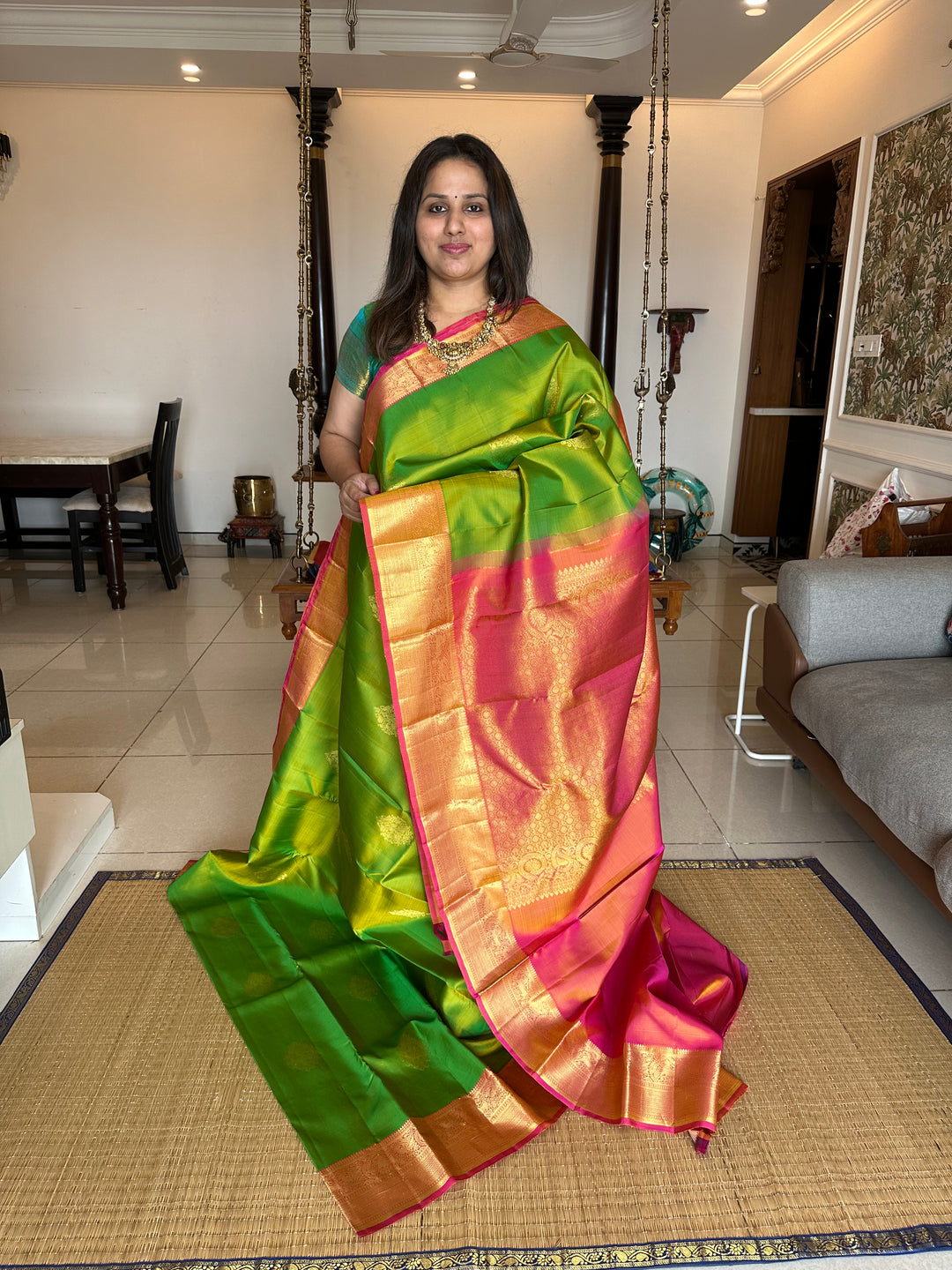 Light Green with Orangish Pink Rich Butta with Grand Pallu Kanjivaram Silk Saree