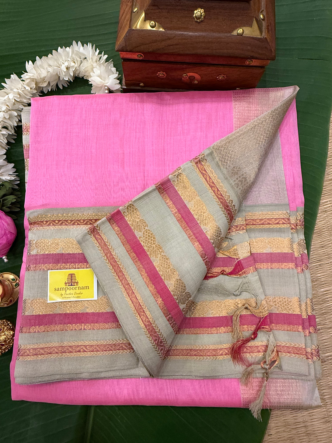 Baby Pink with Light Elaichi Kanchi Border Korvai Silk Cotton Saree