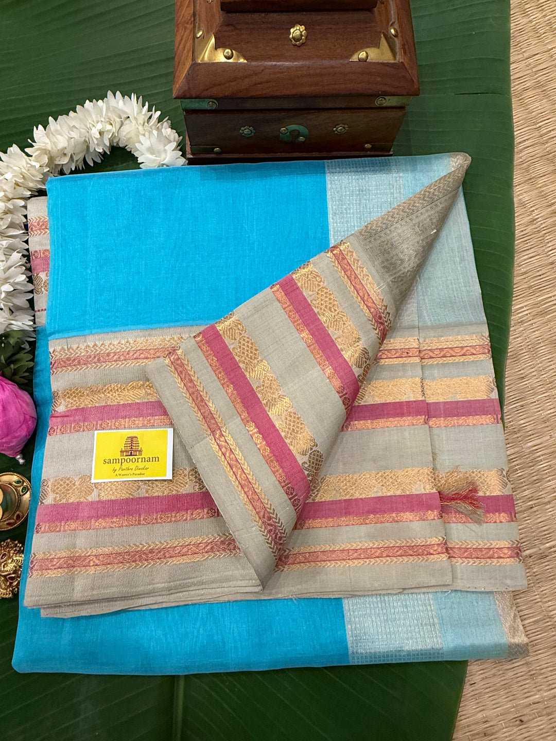 Sky Blue with Pastel light Elaichi Green Kanchi Border Korvai Silk Cotton Saree